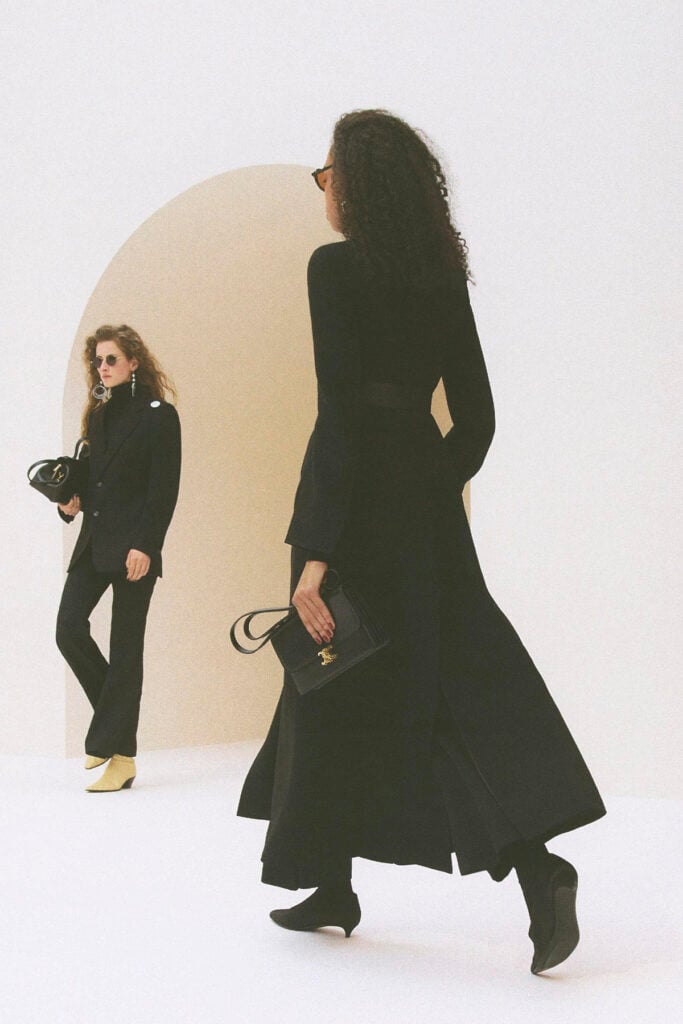 Black Celine 17 bags styled with tailoring in the Celine Hiver 2026 collection.
