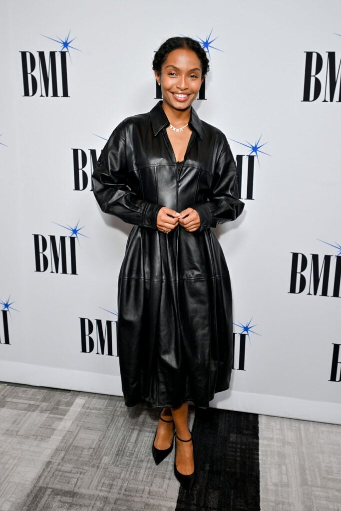 Yara Shahidi in a black Bottega Veneta leather dress at the 2026 BMI R&B/Hip-Hop Awards