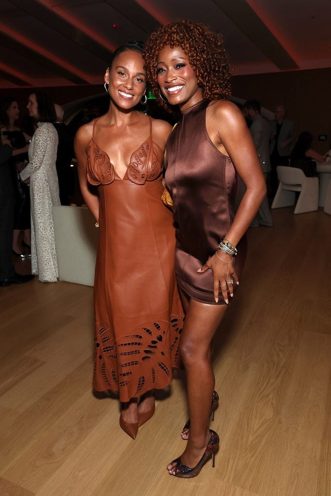 Alicia Keys wearing a Farm Rio leather dress at the Lucas Museum of Narrative Art Opening Night.