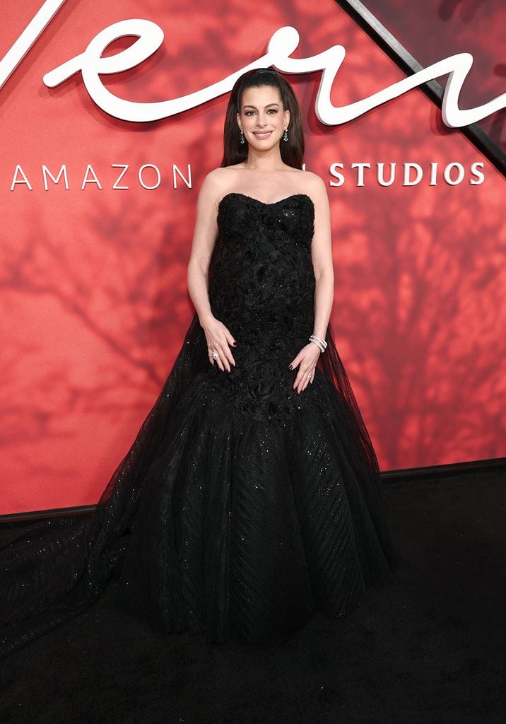 Anne Hathaway wears a black Atelier Prabal Gurung gown with a fitted embellished bodice at the ‘Verity’ New York premiere.