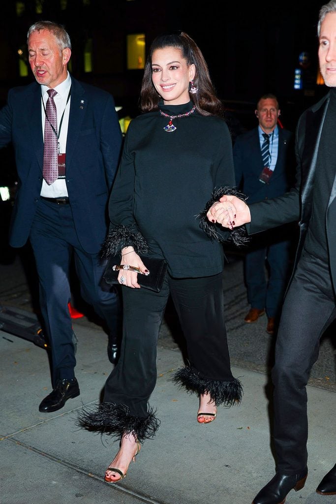 Anne Hathaway wearing Sleeper Black Tie Pajamas with Bvlgari High Jewelry at the ‘Verity’ after-party in New York.