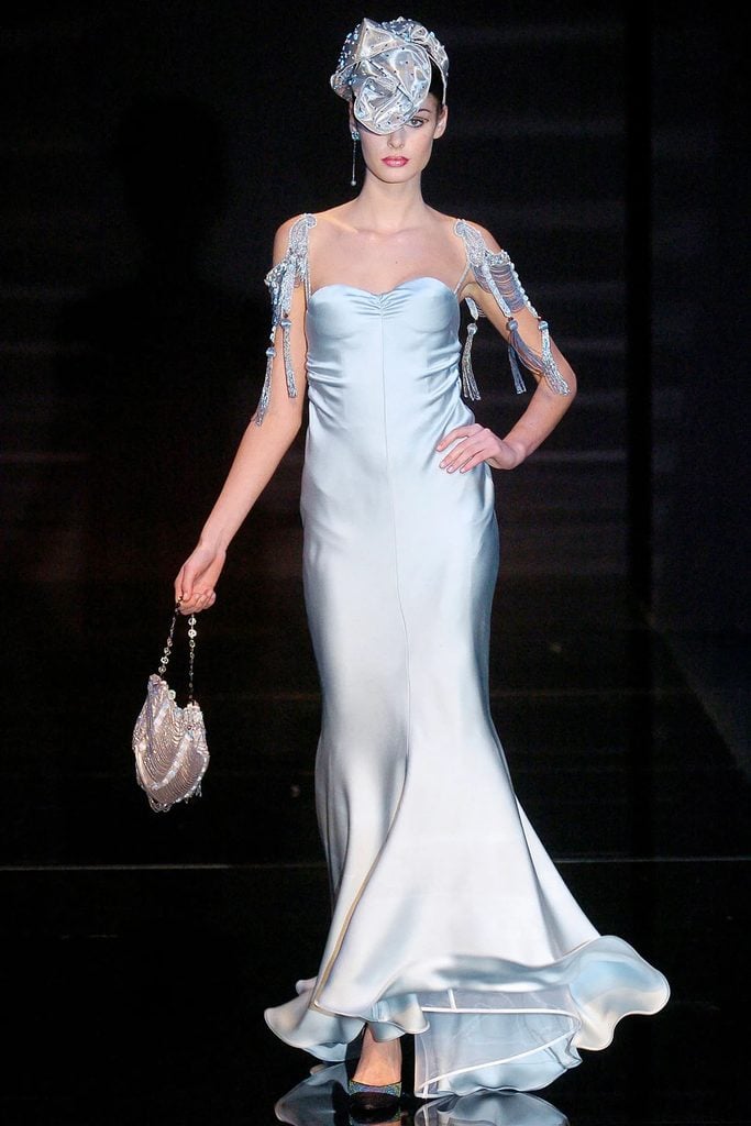 Armani Privé Spring 2005 silver satin gown with beaded shoulder detailing on the runway