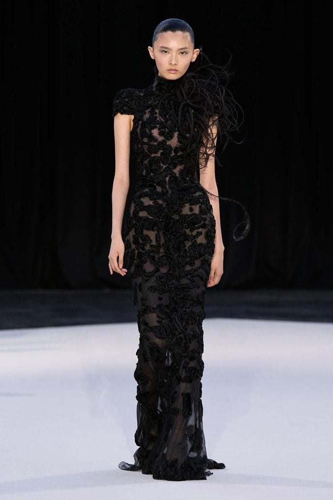 Ashi Studio Fall 2026 Couture black embroidered gown with a sculptural feather-and-organza neckline on the runway.