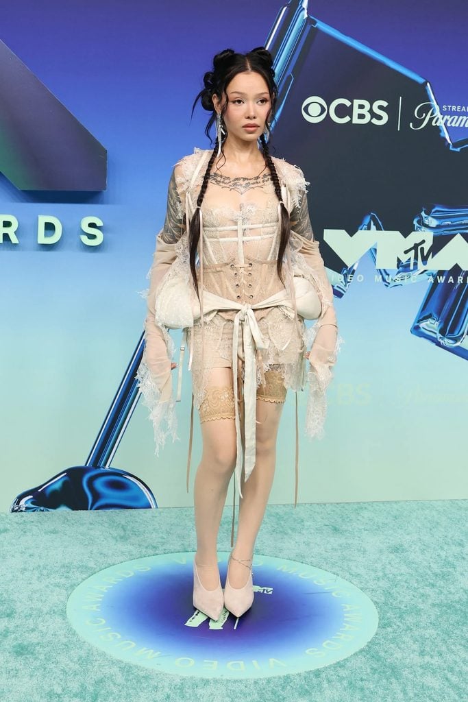 Bella Poarch wearing a lace and corseted Dreaming Eli look at the 2026 MTV VMAs.