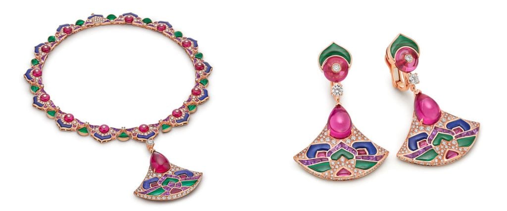 Bvlgari High Jewelry Divas’ Dream necklace and earrings featuring multicoloured gemstones and diamonds.