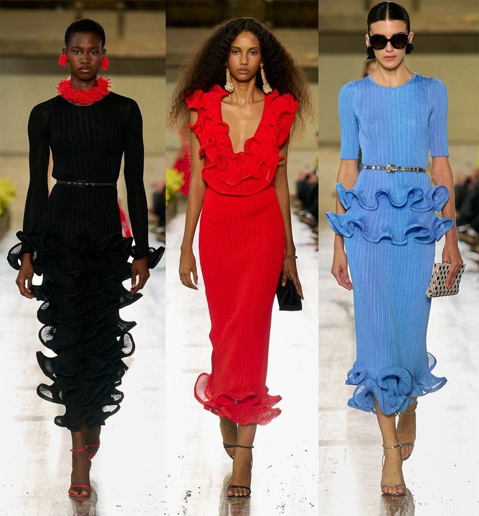 Carolina Herrera Spring 2027 runway looks featuring the curled ruffle detailing seen on Anne Hathaway’s Verity press-tour look.