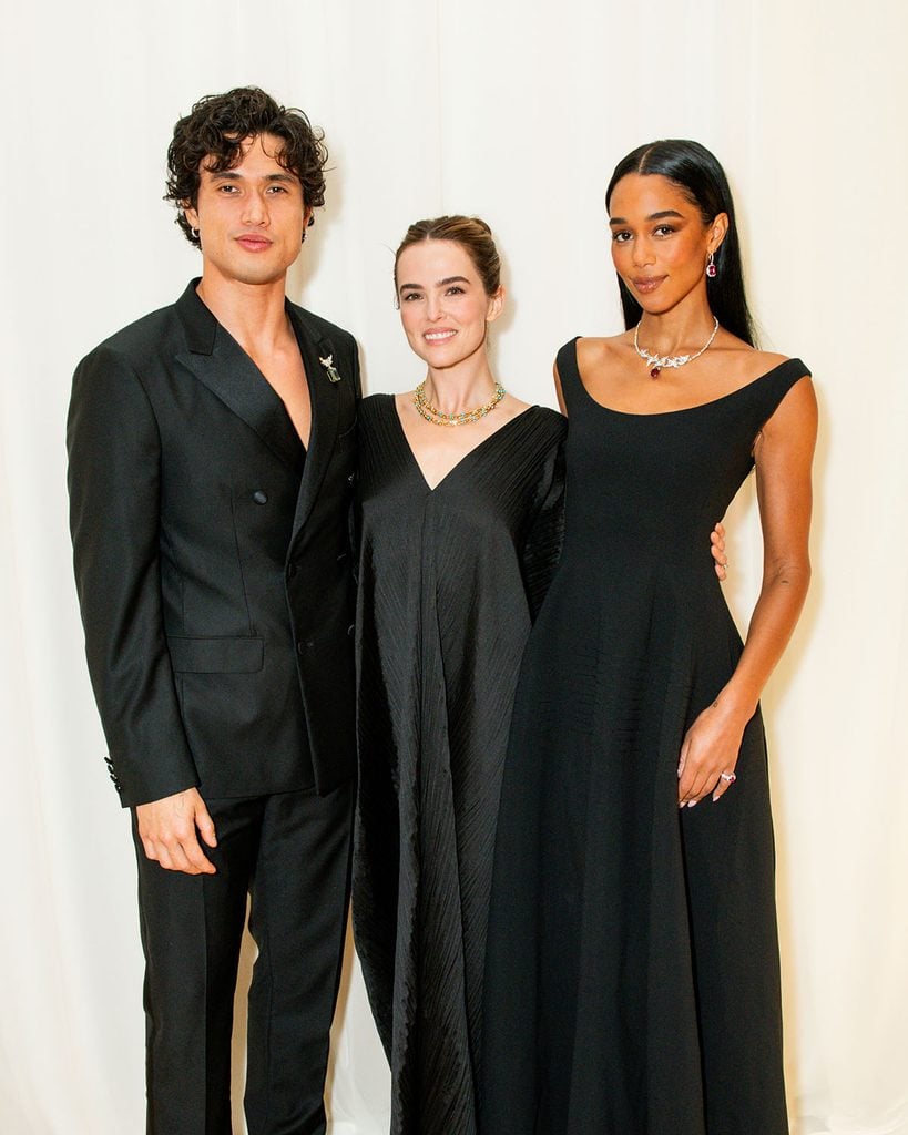 Charles Melton, Zoey Deutch and Laura Harrier wearing Tiffany & Co. jewellery at the South Coast Plaza store opening.