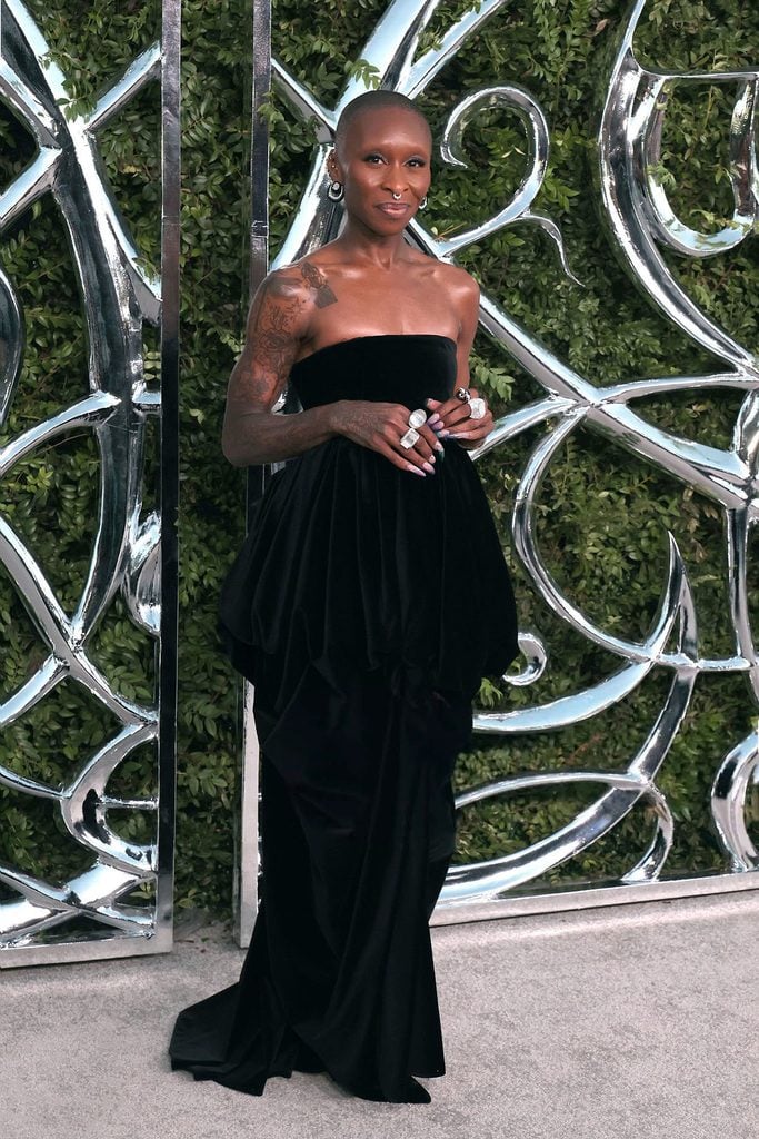 Cynthia Erivo wearing a black velvet Khaite peplum dress at the Lucas Museum of Narrative Art Opening Night.