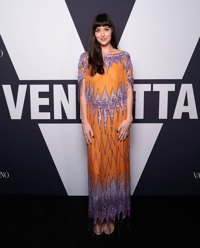 Dakota Johnson in Valentino Resort 2027 at the Valentino Beauty Vendetta Fragrance launch party in London.