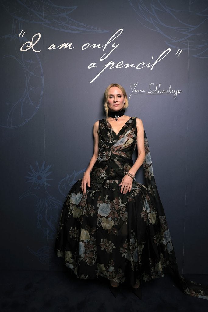 Diane Kruger wearing an Erdem Resort 2027 dress with Tiffany & Co. jewellery at the Jean Schlumberger dinner in Paris.