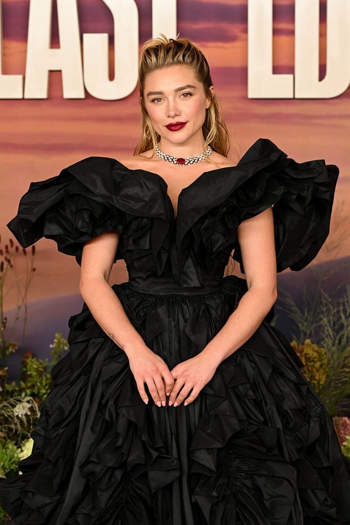 Florence Pugh wearing Rodarte with a Bvlgari necklace and blood-red lip at the ‘East of Eden’ London premiere.