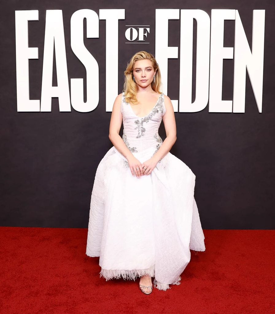 Florence Pugh wearing a white Erdem Resort 2027 dress alongside the original collection look.