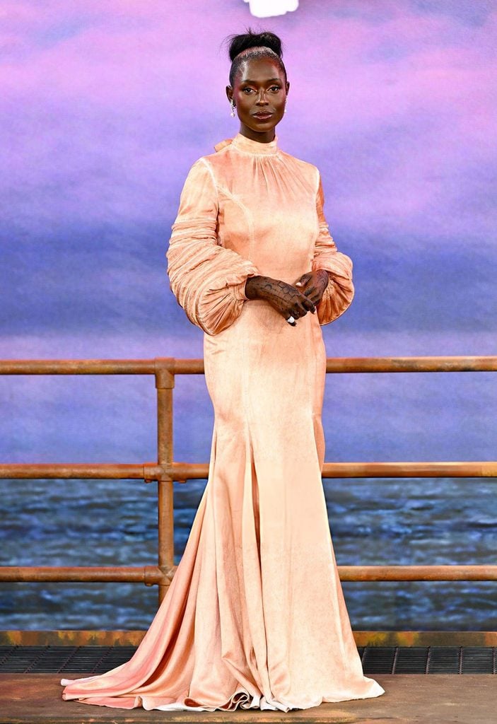 Jodie Turner-Smith wearing a custom rust-pink Louis Vuitton gown at the Digger global premiere in London