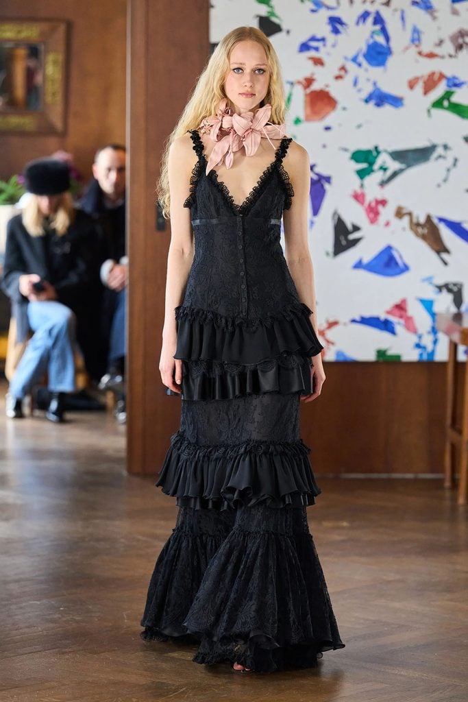 Julie de Libran Spring 2026 Couture black lace gown with tiered silk ruffles on the runway.