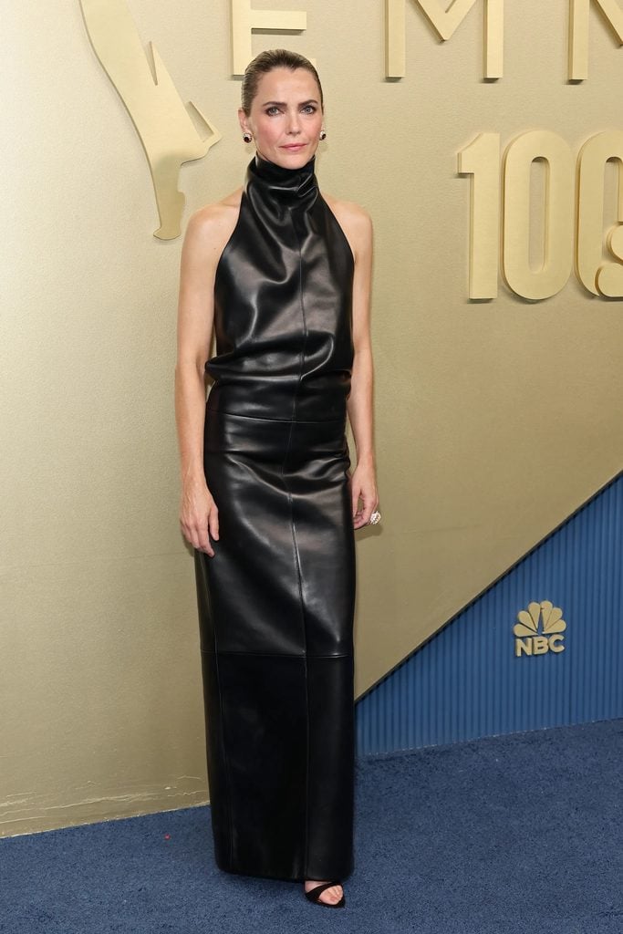 Keri Russell wearing a black Khaite halterneck leather dress at the 2026 Emmy Awards.
