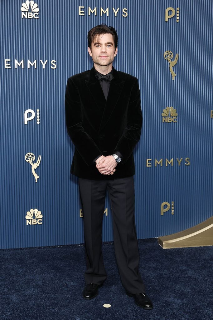 Patrick Ball wearing a black velvet double-breasted Louis Vuitton tuxedo at the 2026 Emmy Awards.