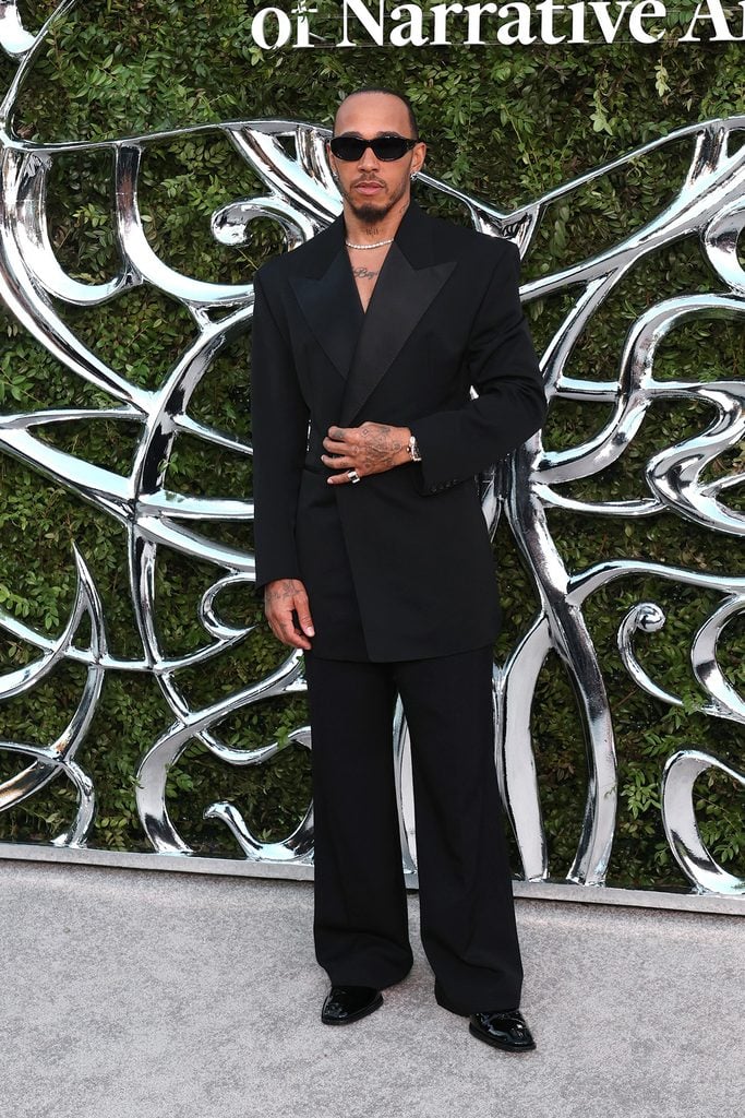 Lewis Hamilton wearing an oversized Saint Laurent suit at the Lucas Museum of Narrative Art Opening Night.