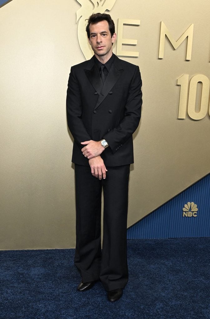 Mark Ronson wearing a tonal black Celine double-breasted tuxedo at the 2026 Emmy Awards.