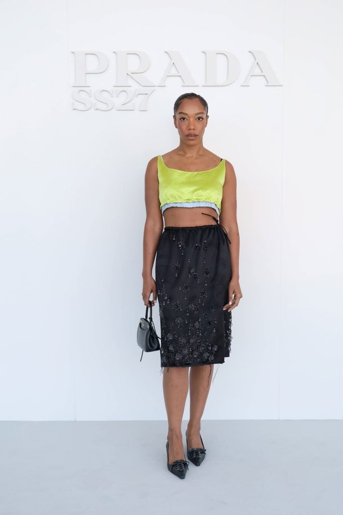 Naomi Ackie wearing Prada at the Spring/Summer 2027 womenswear show in Milan.