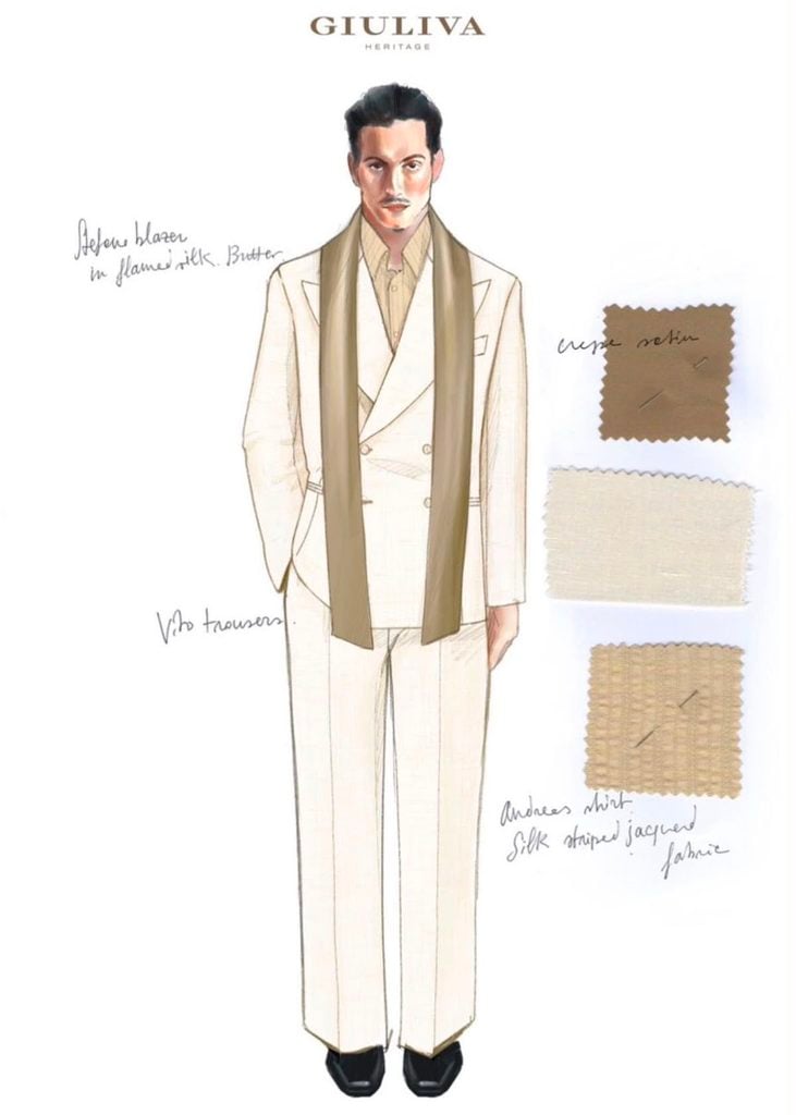 Damiano David wears custom tailoring by Giuliva Heritage for his wedding to Dove Cameron sketch