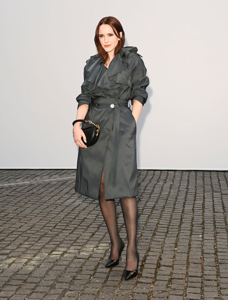 Rachel Brosnahan wearing a ruffled Burberry trench coat at the Burberry Summer 2027 show in London