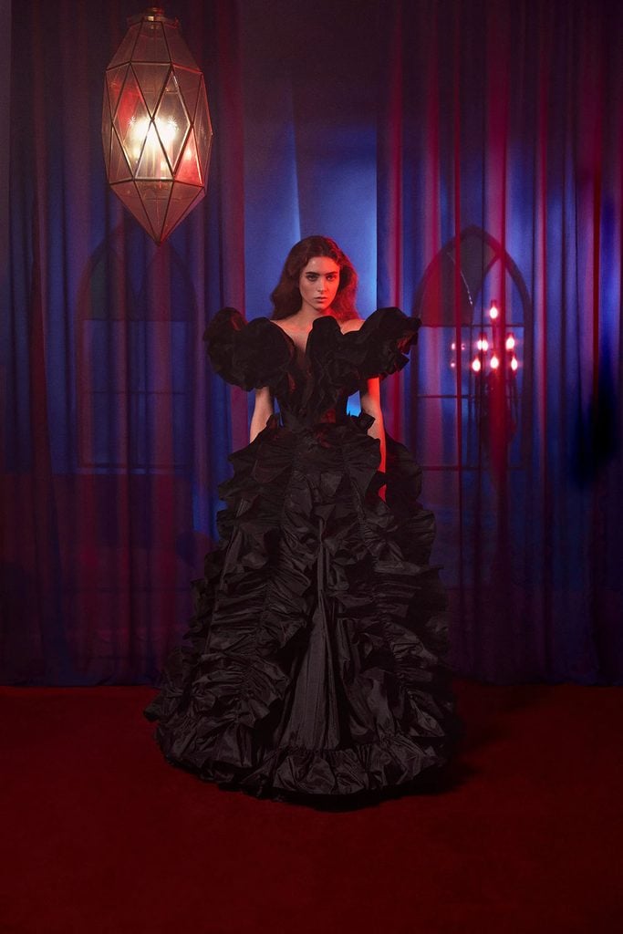 Rodarte Fall 2026 black ruffled gown on the runway from the ‘Suspiria’-inspired collection.