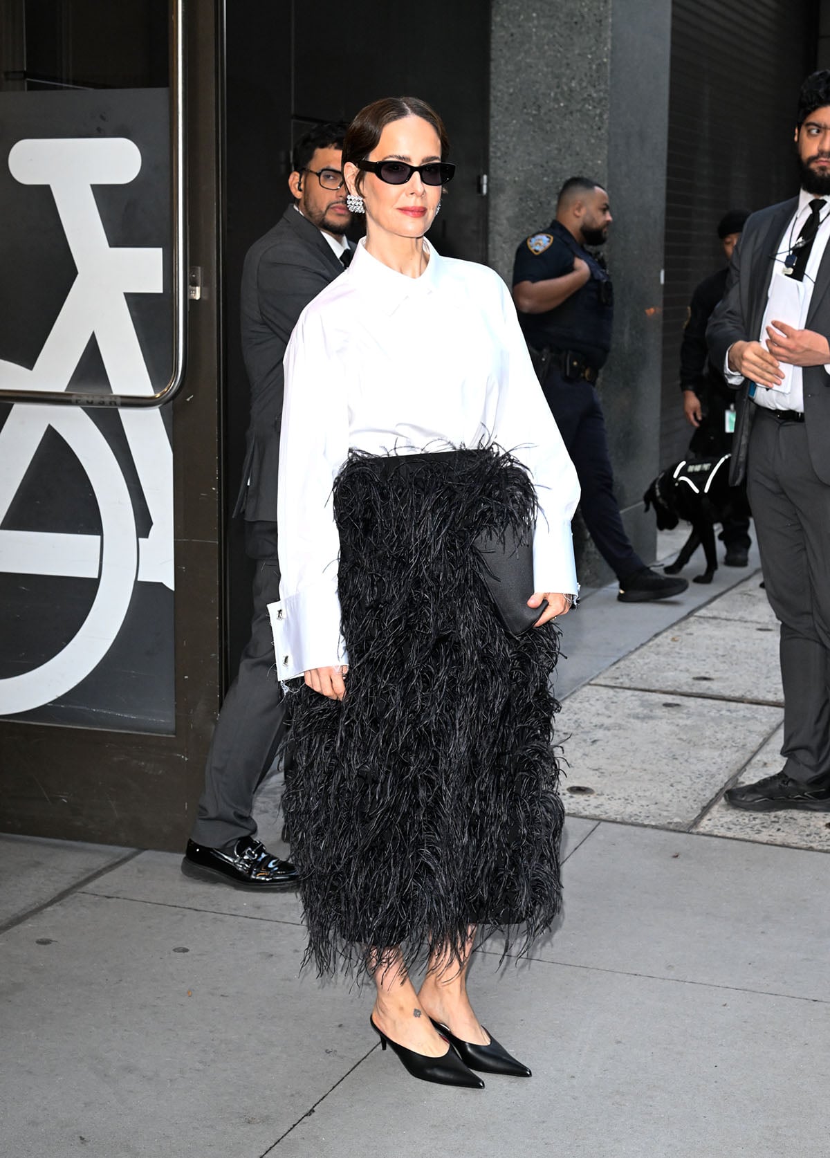 Sarah Paulson Lets Her Feathered Trouser Skirt Do the Talking