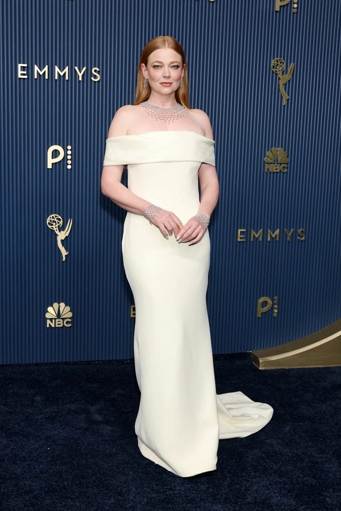 Sarah Snook wearing an ivory off-the-shoulder Balenciaga gown with Cartier jewellery at the 2026 Emmy Awards.