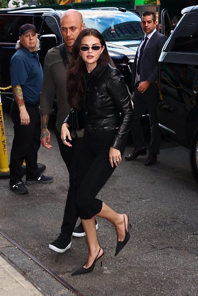 Selena Gomez wearing a black Saint Laurent look at Webster Hall in New York