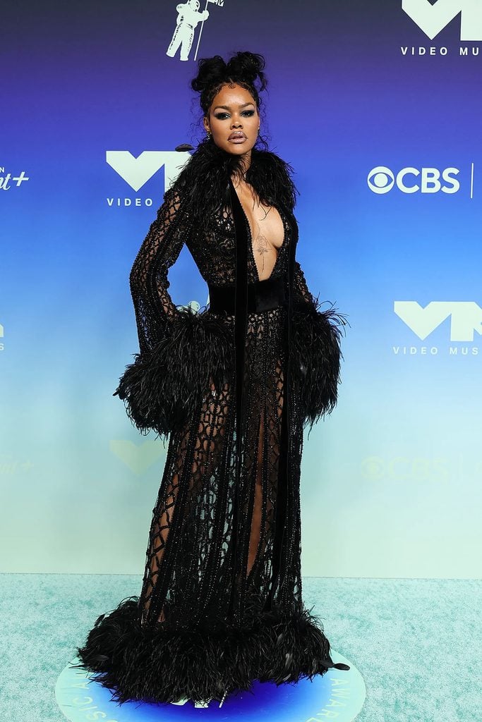 Teyana Taylor wearing a sheer black Zuhair Murad Couture gown at the 2026 MTV VMAs.