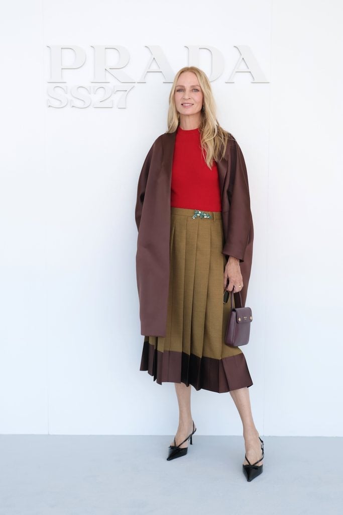 Uma Thurman wearing Prada at the Spring/Summer 2027 womenswear show at Fondazione Prada in Milan.