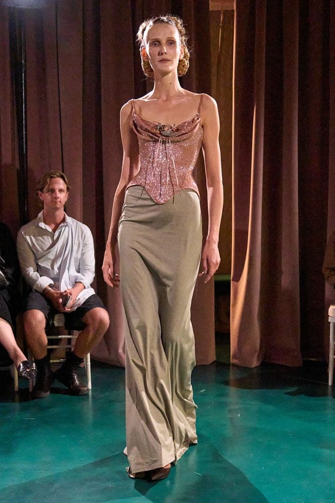 Wiederhoeft Spring 2026 runway look featuring a pink crystal-embellished corset and taupe skirt.