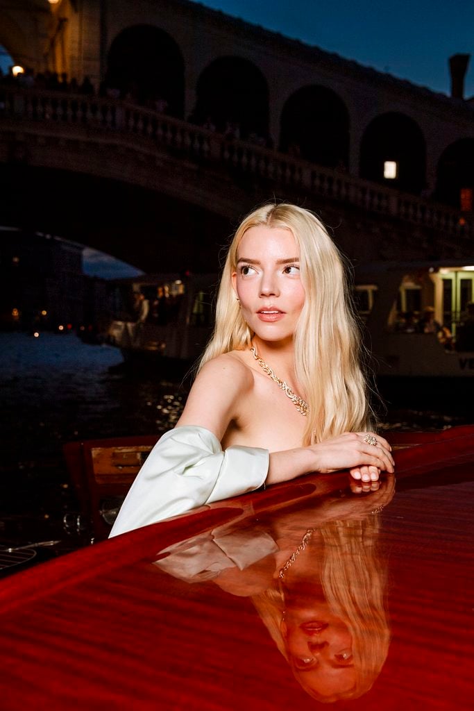 Anya Taylor-Joy poses beside the Grand Canal in her Zuhair Murad Spring 2026 Couture gown during Tiffany & Co.’s Venice gala.