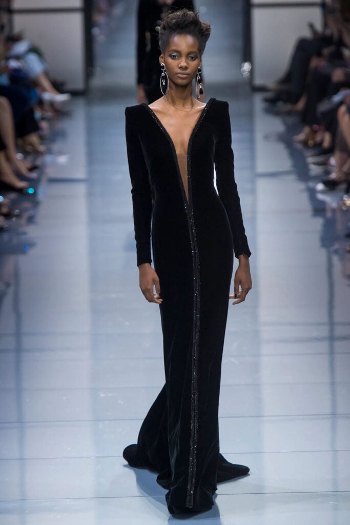 Armani Privé Fall 2015 velvet gown with a plunging crystal-trimmed neckline, later worn by Maggie Gyllenhaal in Venice.