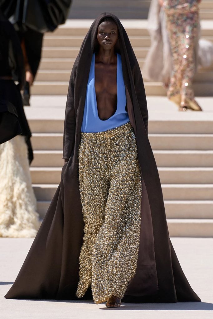 Balenciaga Fall 2026 Haute Couture blue plunging top and crystal-embellished trousers presented on the runway.