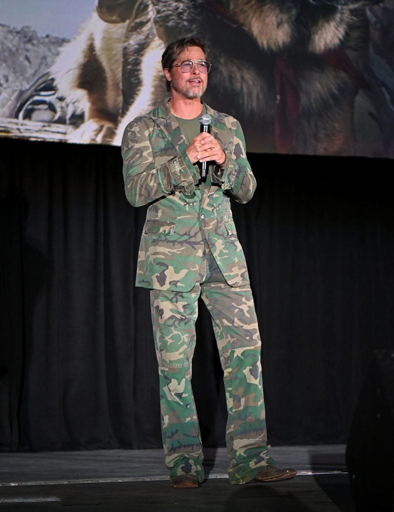 Brad Pitt wearing a camouflage Greg Lauren suit at the Heart of the Beast premiere in Franklin, Tennessee