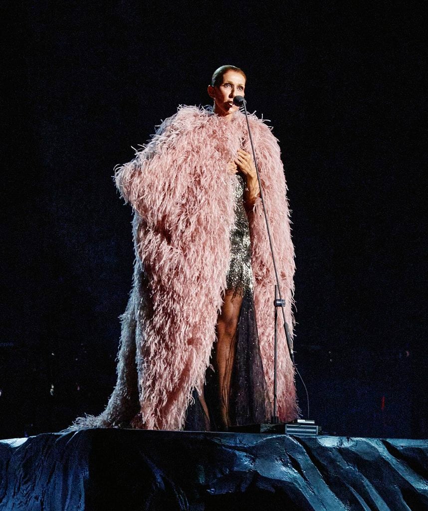 Céline Dion wearing a custom Givenchy by Sarah Burton dusty-pink shredded-organza embroidered cape during her Paris residency.