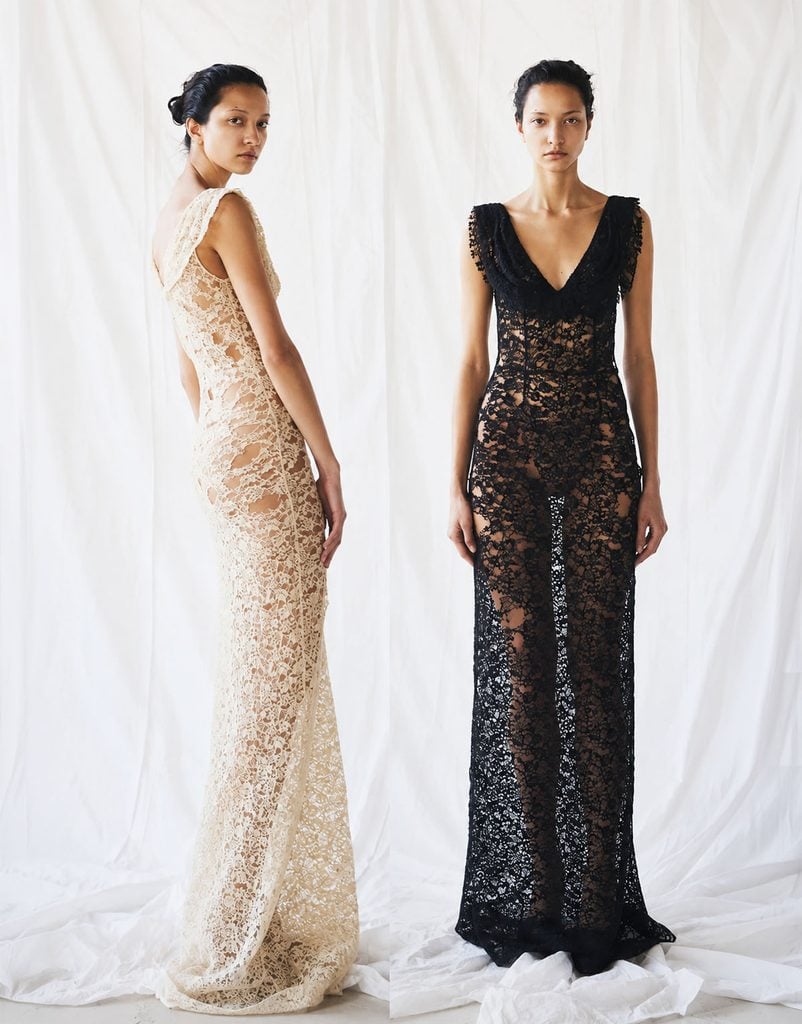 Colleen Allen Spring 2026 cream floor-length sheer lace dress with a plunging neckline and cap sleeves.