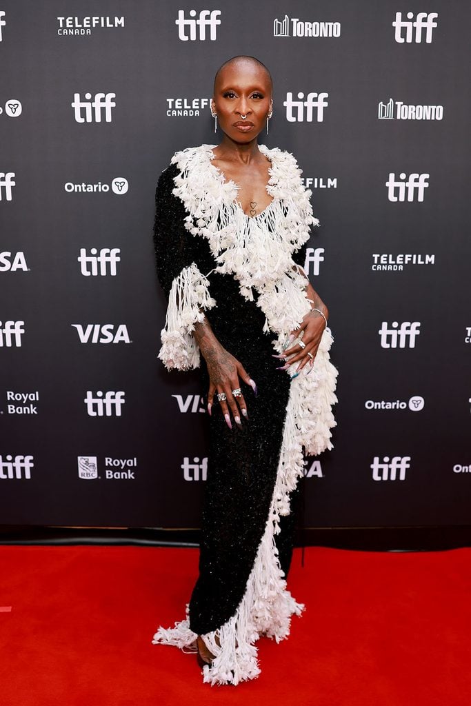 Cynthia Erivo wears a fringed Dior Resort 2027 dress at the Prima Facie premiere during the Toronto International Film Festival.