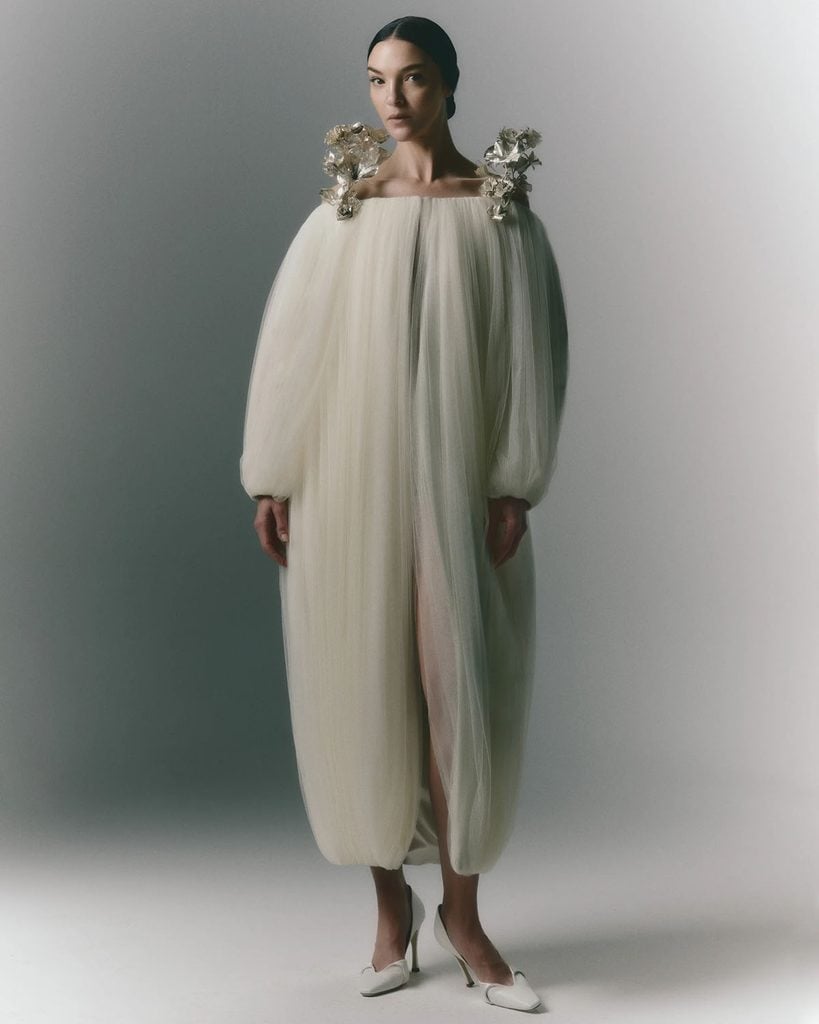 Danielle Frankel ivory tulle cocoon coat with floral shoulder embellishments from the collection