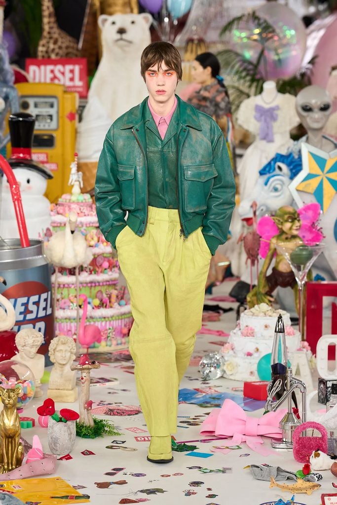 Diesel Fall 2026 runway look featuring teal leather and yellow trousers