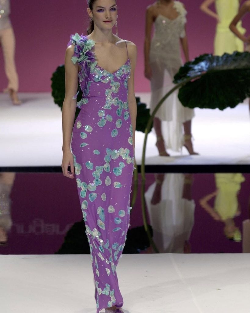 Emanuel Ungaro Spring 2001 Couture lilac slip gown with oversized turquoise paillettes and fringe detailing on the runway.