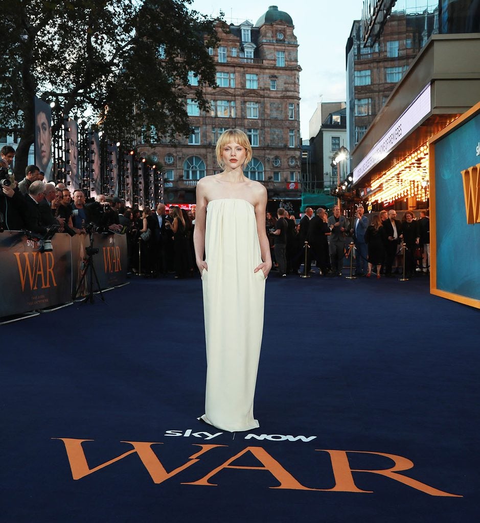 Emma Laird wearing a pale-yellow Celine strapless dress at the War world premiere in London