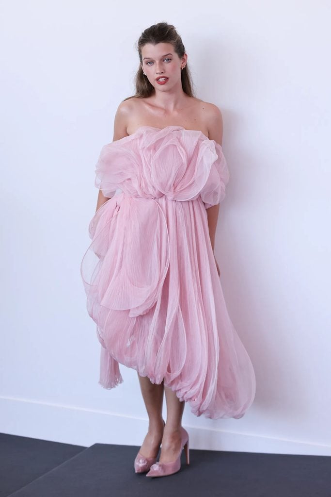 Ever Anderson wearing a pink Dior Fall 2026 dress at the Father Joe photocall during the Venice Film Festival.