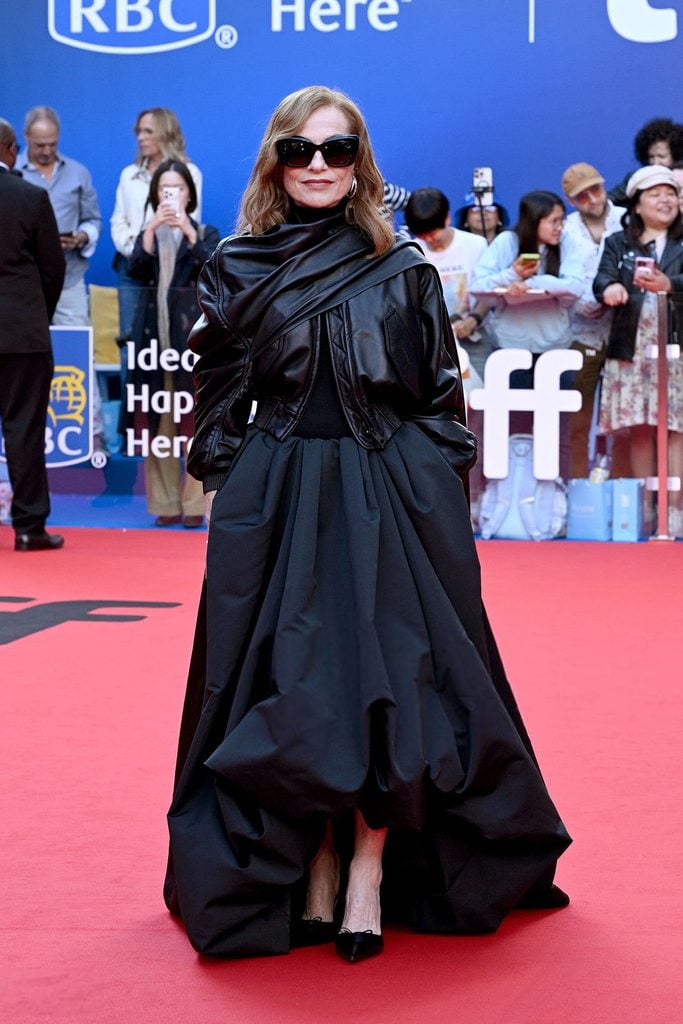 Isabelle Huppert in Balenciaga at the All About Corinne premiere during TIFF
Balenciaga runway reference for Isabelle Huppert’s black leather and voluminous skirt look at TIFF