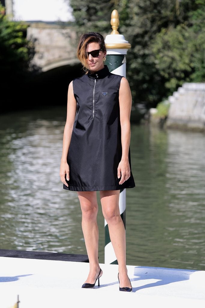 Jasmine Trinca wearing a black Prada Re-Nylon dress for her Hotel Excelsior arrival during the 2026 Venice Film Festival.