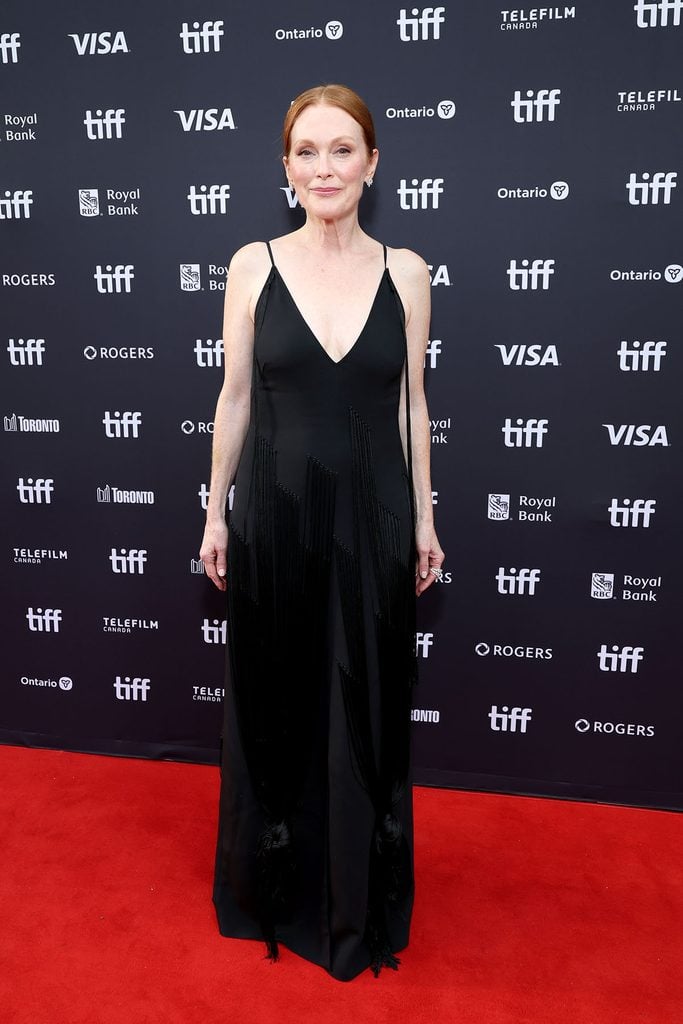 Julianne Moore in custom Bottega Veneta at The Debut premiere during TIFF
Bottega Veneta runway reference for Julianne Moore’s black fringed TIFF look