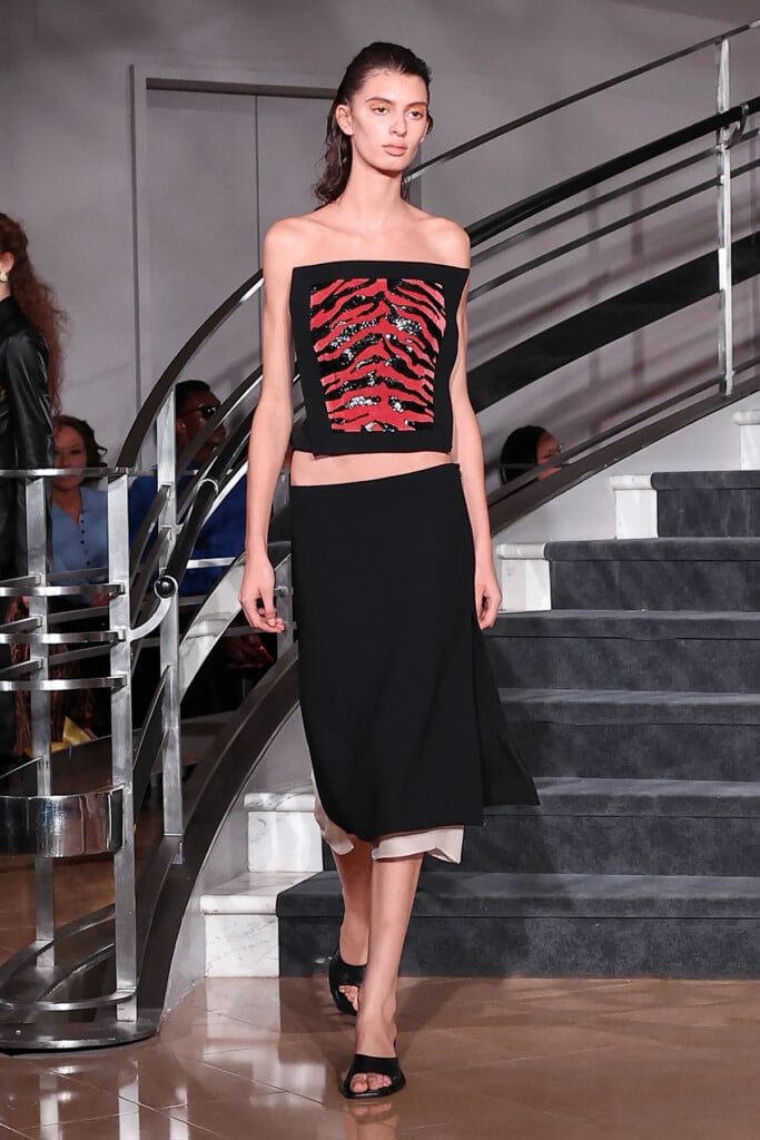Proenza Schouler Spring 2027 tiger-print top and low-waisted skirt on the runway
