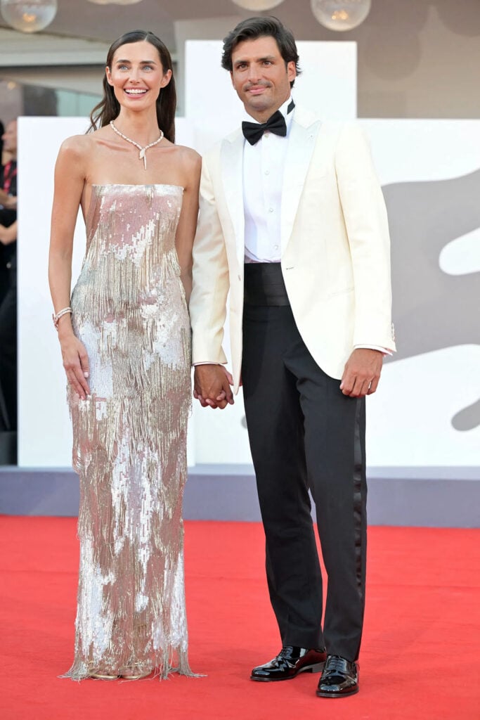 Rebecca Donaldson wearing a silver fringed Giorgio Armani dress with Bvlgari jewellery at the 2026 Venice Film Festival.