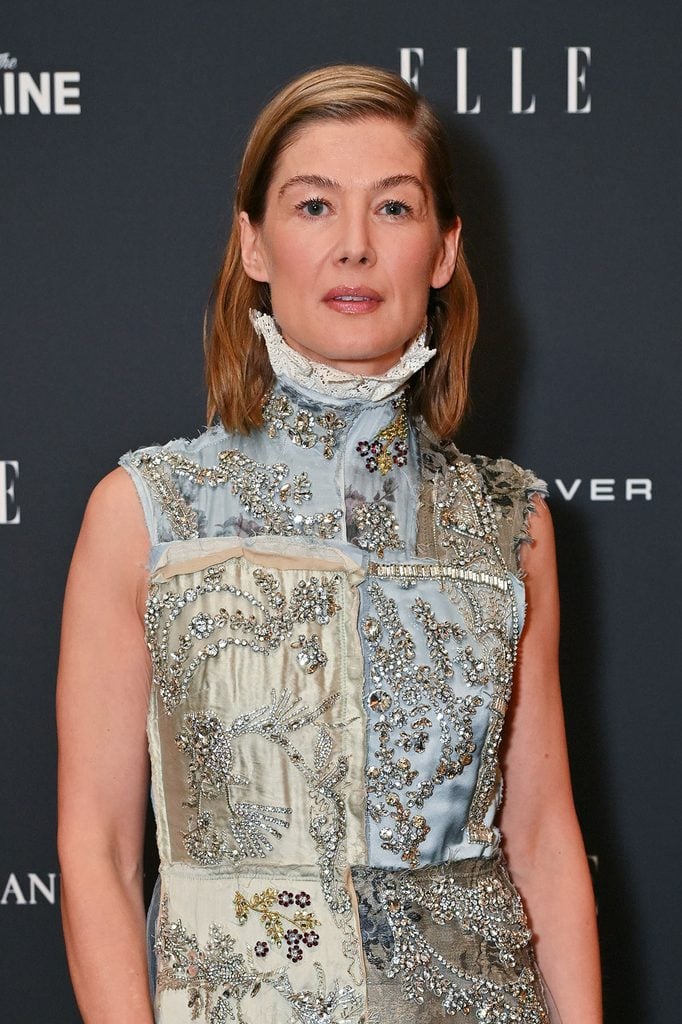 Rosamund Pike wearing an embellished Erdem Fall 2026 gown with Repossi jewels at the 2026 ELLE Style Awards in London.